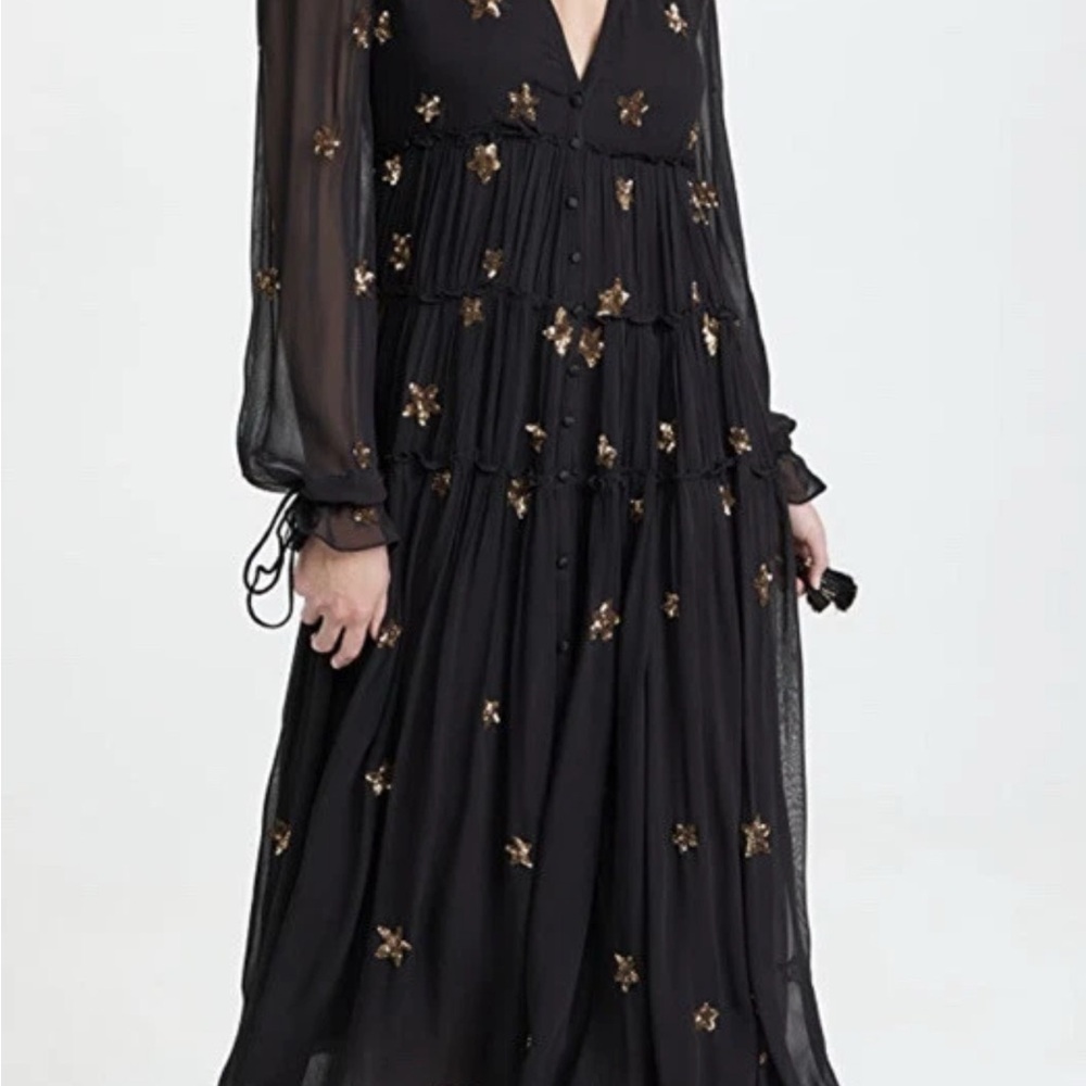 Rococo Sand Etoile Sequined Gold Stars Tiered Embellished
Ruffles Maxi Dress S